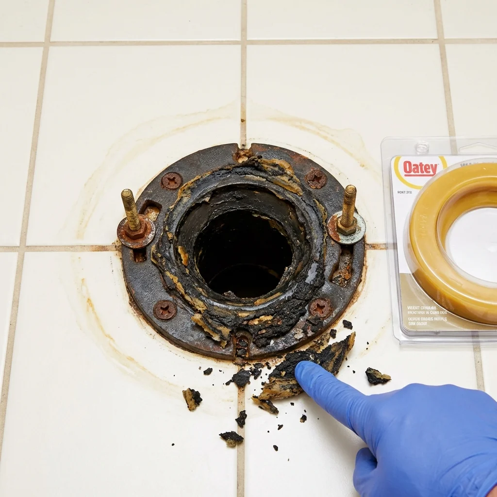 Failed wax ring showing water seepage at the base of a toilet in a Burlington, VT home