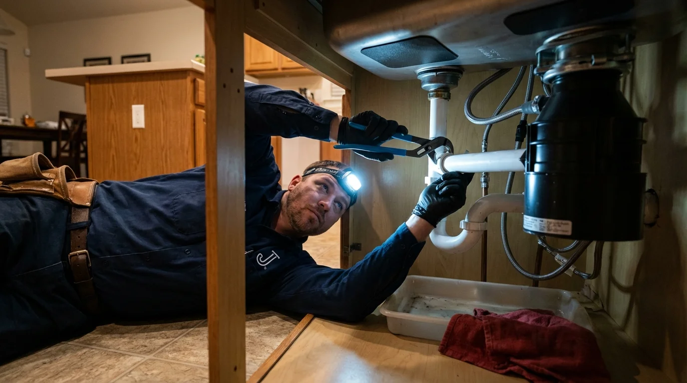 P-trap and supply line connections under a kitchen sink showing a common leak point in Burlington, VT